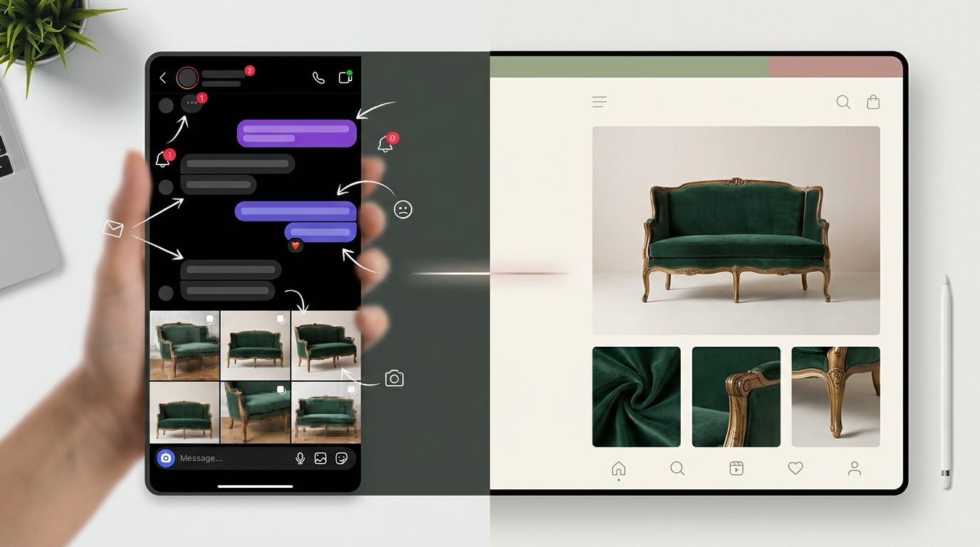A split screen showing a messy Instagram DM conversation morphing into a clean AisleVault lookbook with a velvet settee